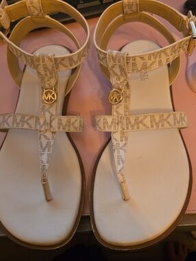 Michael Kors Beige Logo T-Strap Sandals with Gold MK Accent